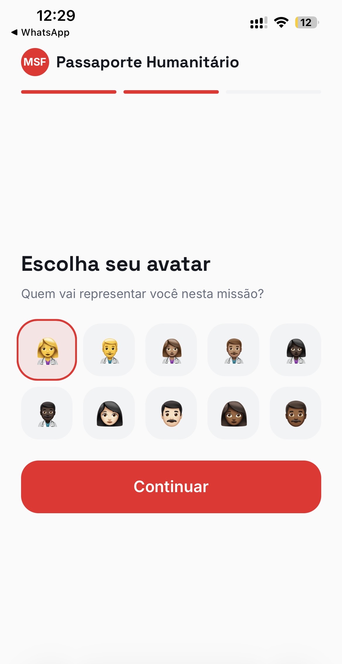 Tela de escolha de avatar do Passaporte Humanitário
